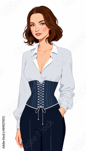 Illustration of a Confident Woman in a Stylish White Blouse and Corset Outfit with Short Dark Hair and Hands in Pockets
