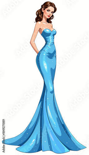 Elegant Illustration of a Woman in a Blue Evening Gown Showcasing Timeless Fashion and Sophisticated Style with a Touch of Glamour in a Stunning Full-Length Pose