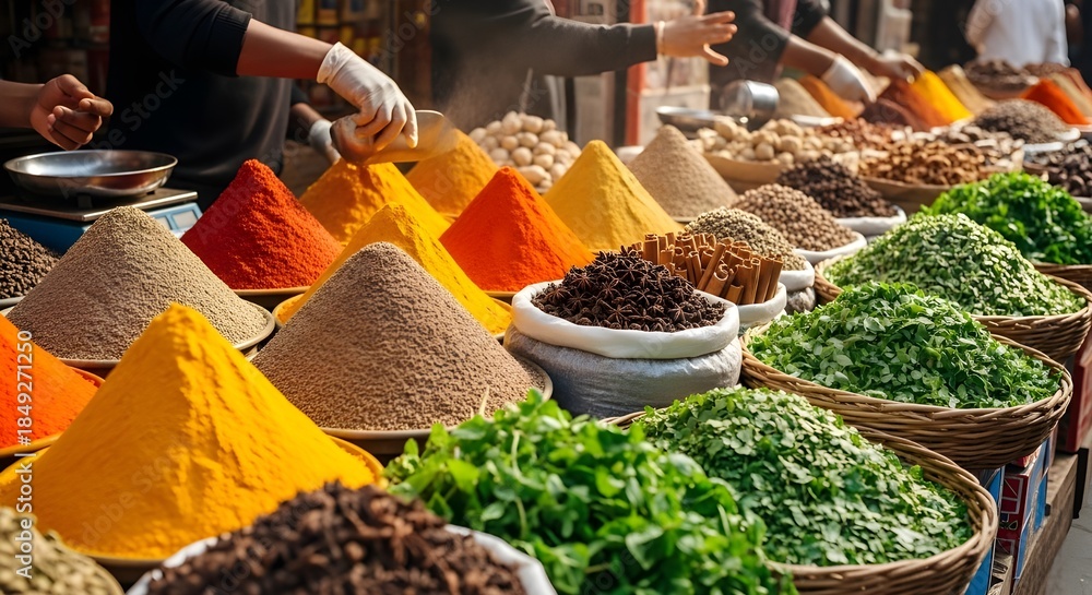 Fototapeta premium Busy Indian market with colorful powders and baskets full of herbs. Concept of traditional commerce, vibrant culture, local trade, and authentic spice bazaar atmosphere.