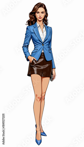 Elegant Illustration of a Fashionable Woman in a Blue Blazer and Brown Skirt Holding a Notebook and Exuding Confidence with a Chic Professional Style