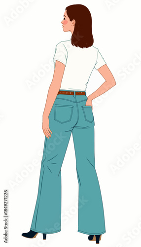 Casual Fashion Illustration of Woman in Light Blue Flared Jeans and White T-shirt with Brown Belt and Black Heeled Shoes