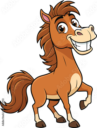 Smiling brown cartoon horse vector illustration cheerfully standing on its hind legs with a friendly, happy, and playful expression