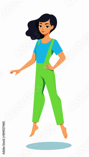 Illustration of a Young Woman in Colorful Green Overalls and Blue Shirt with Flowing Hair Demonstrating a Playful Jump Against a White Background