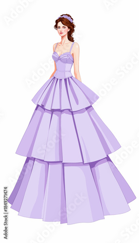 Illustration of an Elegant Woman in a Lavender Tiered Evening Dress with a Stylish Updo and Subtle Jewelry Highlighting Sophisticated Fashion and Grace