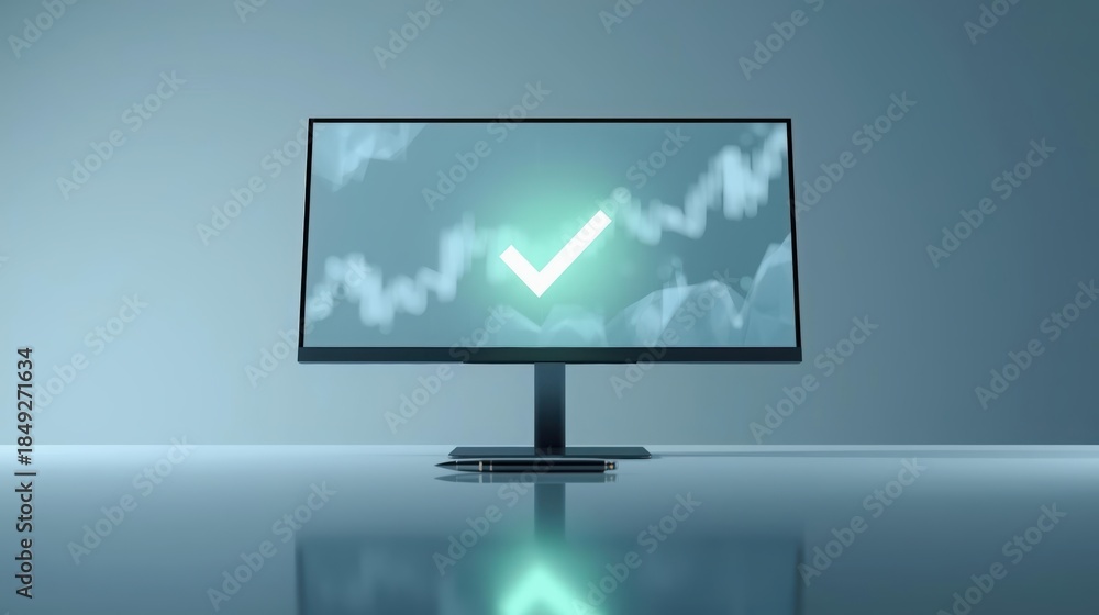Fototapeta premium A modern computer monitor displays a stock chart with a glowing checkmark on a reflective surface in a minimalist, contemporary office setting.