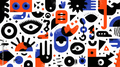 Abstract geometric symbols with eyes and bold shapes on white background, suitable for branding, packaging, posters, presentations, and digital design