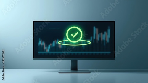 A modern monitor displays a financial market chart with a vibrant green checkmark, symbolizing successful stock trading and investment decisions.
