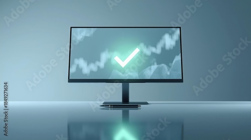 A modern computer monitor displays a stock chart with a glowing checkmark on a reflective surface in a minimalist, contemporary office setting.