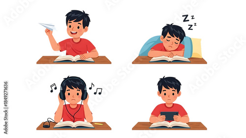 Illustrations of a boy engaging in various activities: reading, sleeping, listening to music, and using a tablet.