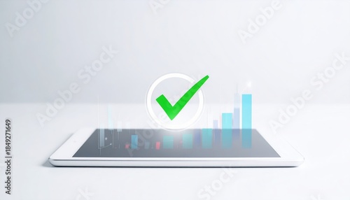 Green checkmark hovers above a tablet displaying bar graphs, indicating confirmation and success on a clean, white surface environment now verified.