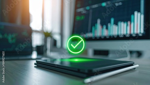 A digital tablet displays a glowing green checkmark above a desk with computer monitors showing stock charts in a bright office setting.