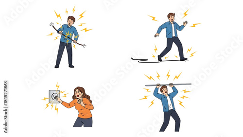 Set of People Getting Electric Shock from Damaged Wires, Power Outlets, and Metal Poles. Electrical Safety Hazards Concept.
