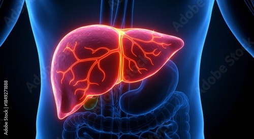 Anatomical representation of the liver, gallbladder, and digestive system inside human body