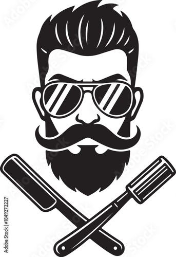 Stylized graphic of a bearded man with cool sunglasses, a flowing mustache, and classic crossed barber tools: razor and comb logo.