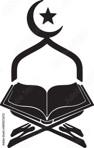 Islamic holy book on a stand with crescent moon and star symbol, a powerful representation of muslim faith and spirituality