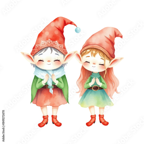Set of watercolor elves, cute magical elves, hand drawn in watercolor style, fairy tale mood, isolated on white background, perfect for children's illustrations, greeting cards and holiday designs.