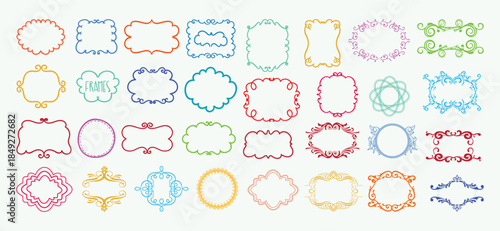 Decorative Vintage Frame Collection Vector Set, Ornamental Floral Borders, Elegant Labels, Wedding Invitation Frames, Classic Scroll Design, Colorful Outline Frames