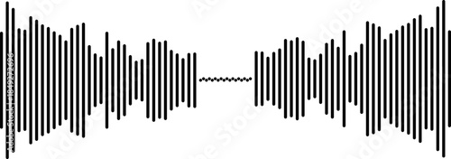 Black and white audio waveform visualization, sound wave bars reflecting volume, digital music equalizer graphic element
