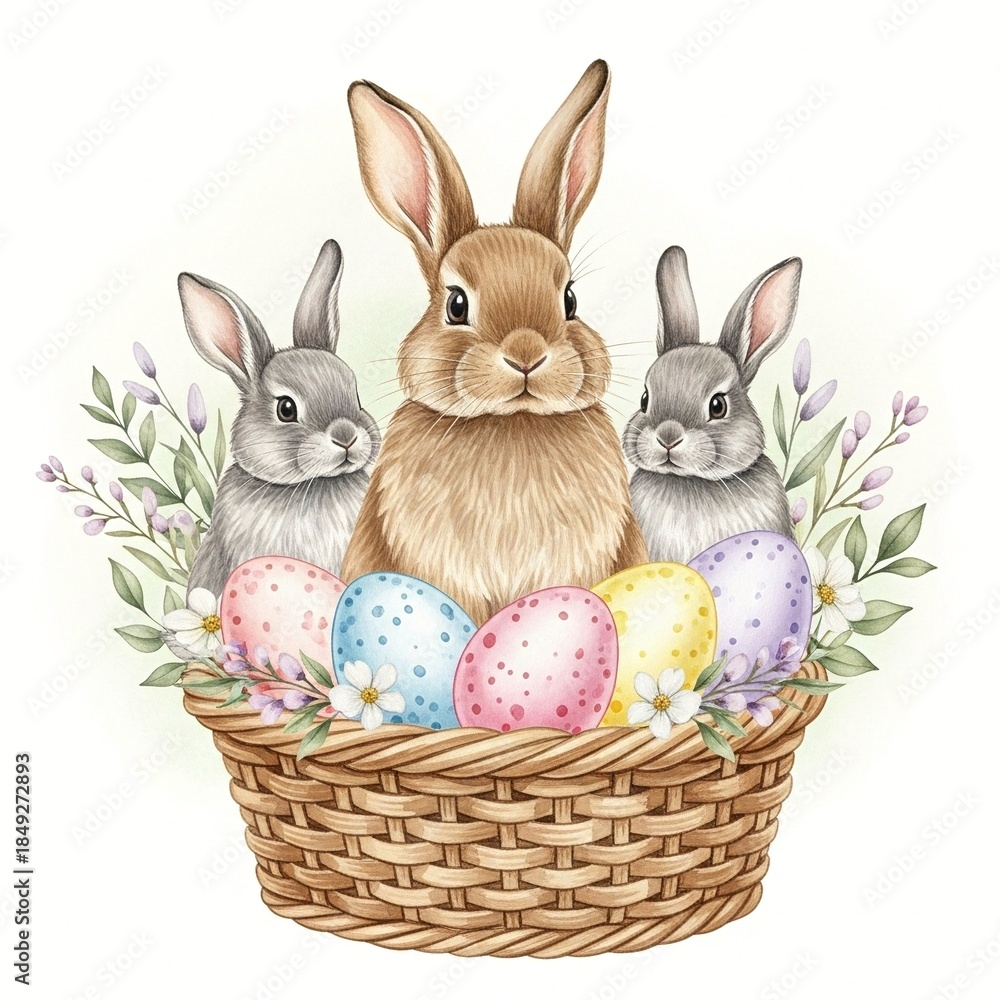 Obraz premium Watercolor bunnies and eggs in a basket surrounded by flowers, a joyful Easter illustration.