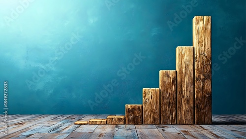 Wooden stairs represent upward progression against the blue background