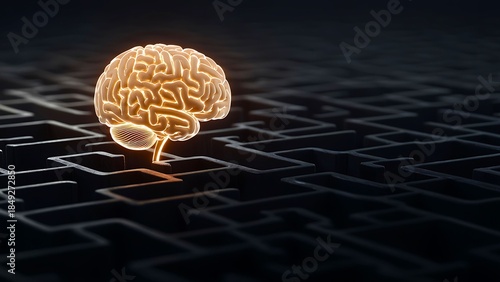 Brain in a labyrinth, symbolizing thought processes and mental challenges. The glowing brain illuminates the path forward amidst a complex maze
