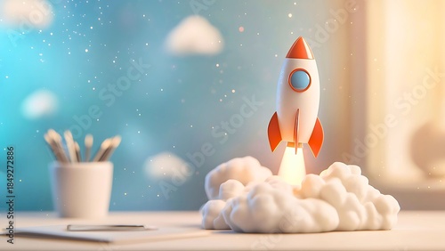 A rocket blasts off into space, symbolizing new beginnings and opportunities. The rocket soars amidst a backdrop of clouds and stars, representing dreams, goals, and ambition