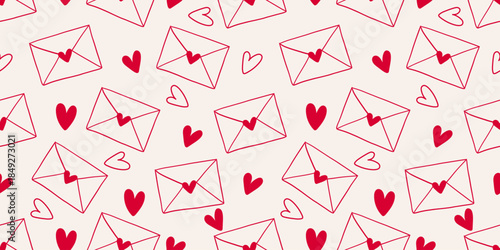 Cute seamless pattern with envelopes and hearts. Valentines Day concept, seasonal romantic designs. Good for greeting cards, social media, packaging, prints, invitations, branding