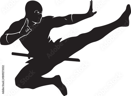 Dynamic ninja silhouette performing a powerful high kick with a sheathed katana, embodying strength, agility, and precise martial arts skill.