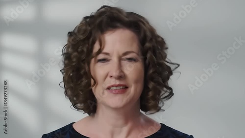 Portrait of Woman with Brown Curly Hair in Blue Dress against Gray Background
