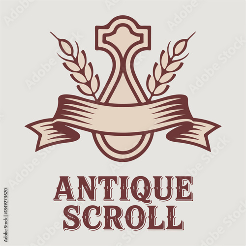Antique Scroll ribbon cartouche with laurel accents, ornate vintage banner emblem, classic label vector for certificates, packaging, invitations and signage