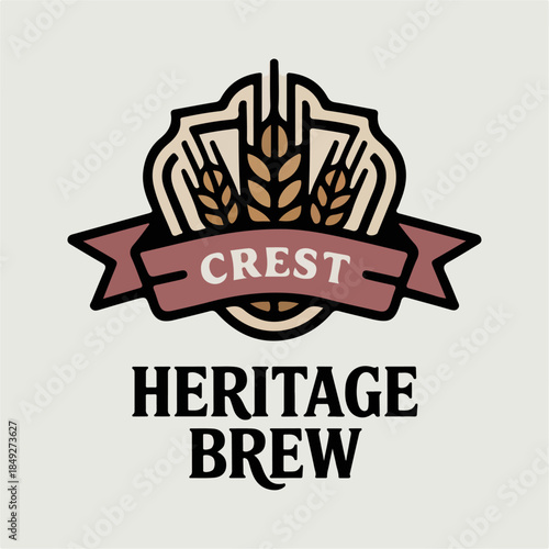 Heritage Brew crest with banner, barley and goblet, classic craft brewery emblem, vintage beer branding vector for labels, taprooms, pubs and packaging