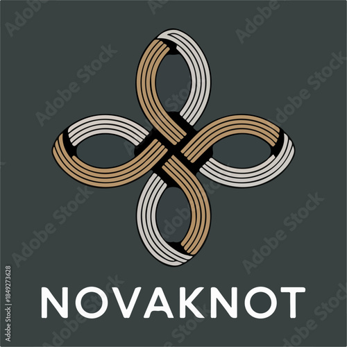 Novaknot looping knot monogram, braided clover weave symbol in metallic tones, contemporary brand vector icon for fashion, jewelry, craft and technology