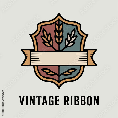 Vintage Ribbon shield with wheat sprigs and blank sash, retro heraldic badge logo, classic label vector for farm markets, cafes, packaging and signage