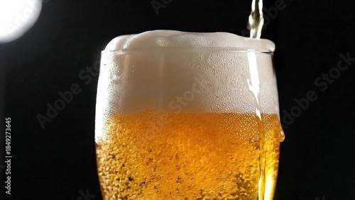 Wallpaper Mural Closeup of cold beer being poured into a glass with frothy head, condensation on glass, dark background Torontodigital.ca