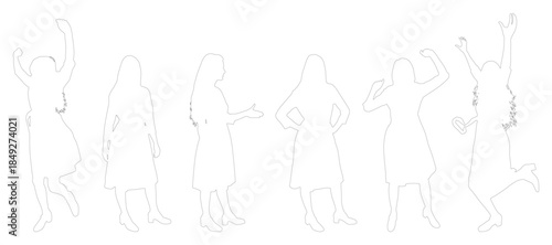 Cheerful women contours in various poses, set. Vector illustration