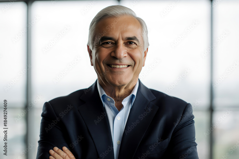 Fototapeta premium Handsome hispanic senior business man with crossed arms smiling at camera. Indian or latin confident mature good looking middle age leader male businessman on blur office background with copy space.