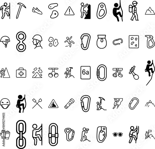 Climbing icon set of 50 solid vector symbols for rock climbing, bouldering, mountaineering, gear, safety and outdoor adventure on white