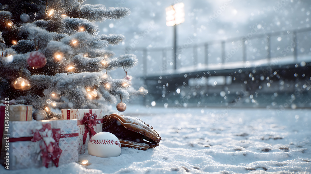 Fototapeta premium Christmas tree closeup with gifts on snowy baseball court with baseball glove, bat and ball lying in the snow. Concept of resting baseball sport during Christmas time.