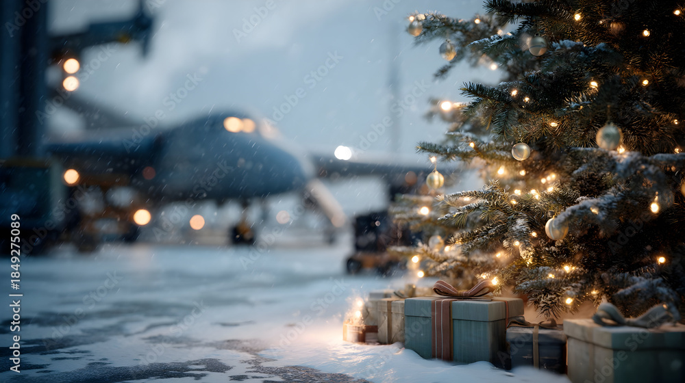Fototapeta premium Christmas tree with gifts on snowy airport, planes in background, dramatic clouds, concept of Christmas aviation and travel.