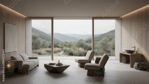 Modern living room with stunning mountain view and serene nature backdrop