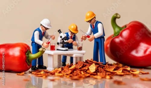 Scientists examining chili peppers in a playful lab setting with vibrant colors and creativity