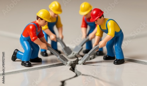 Miniature workers repair a cracked floor with determination at a busy construction site
