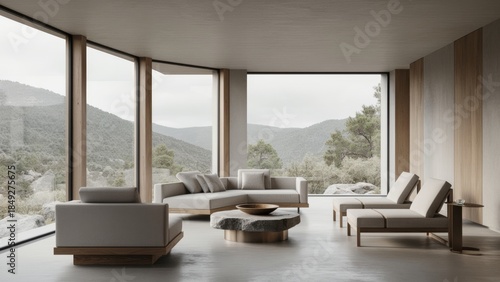 Modern living room design with stunning mountain views and natural light at noon