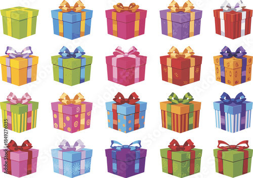 Colorful gift boxes set with ribbons and bows for celebration, Vector illustration