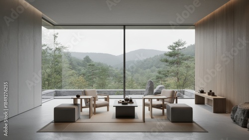 Modern minimalist living space with stunning mountain view in tranquil setting