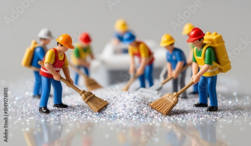 Miniature workers clean up glitter with brooms on a smooth surface in a playful scene of teamwork
