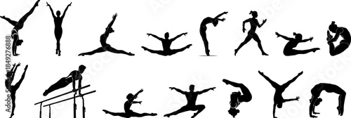 Silhouette Artistic Gymnastics Collection of Different Poses for Training and Competition Showcasing Agility