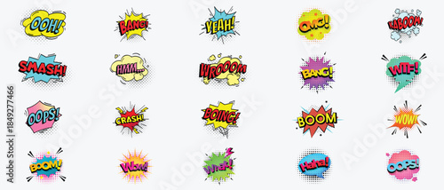 Comic sound bubbles. Cartoon action words, boom, oops and pow. Retro comic text bubbles with halftone vector set. Expression of emotions in pop art style elements