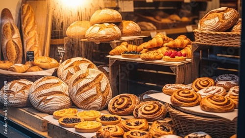 A rich assortment of freshly baked artisan breads, pastries, and sweet rolls displayed attractively in a warm, rustic bakery setting