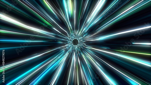 Foto A tunnel flying at the speed of light from multi-colored blue and white moving light strips and energy beams